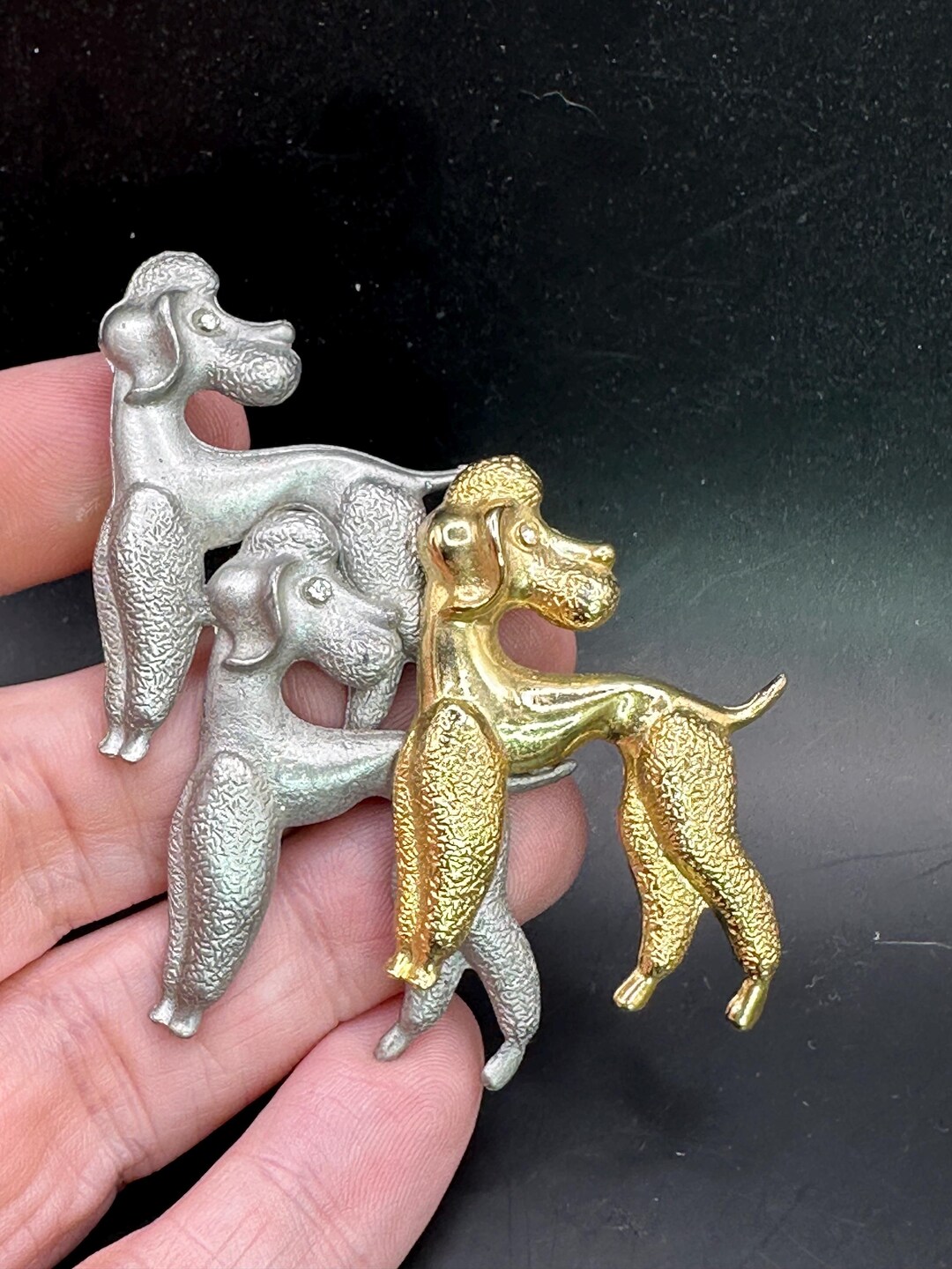 Vintage Trio of Standard Poodles Silver-and Gold Tone Brooch Pin