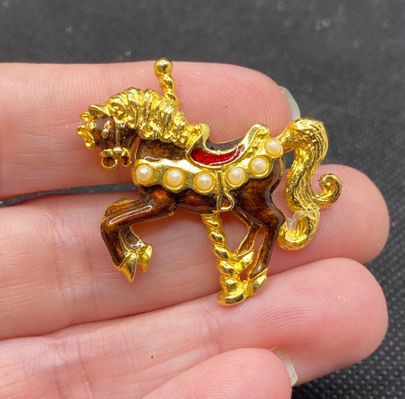 Vintage Carousel Horse Pin with Faux Pearls - image 1