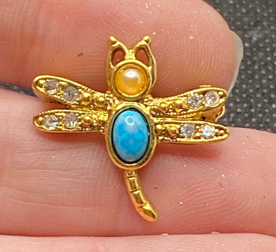 Vintage Faux Pearl Rhinestone and Stone Dragonfly… - image 1