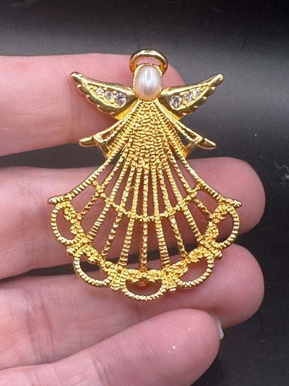 Vintage Rhinestone Faux Pearl Angel pin - image 2