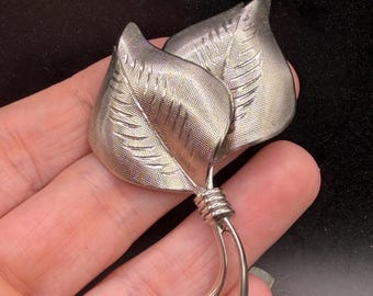 Vintage Brushed Silver Tone Double Leaf Brooch