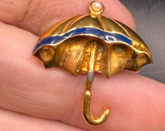 Vintage Gold Tone Faux Pearl Enamel Umbrella Pin by Gontie Paris