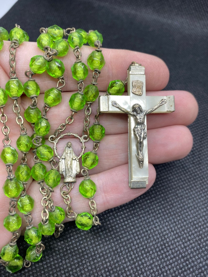 Vintage Green Rosary with Crucifix made in France