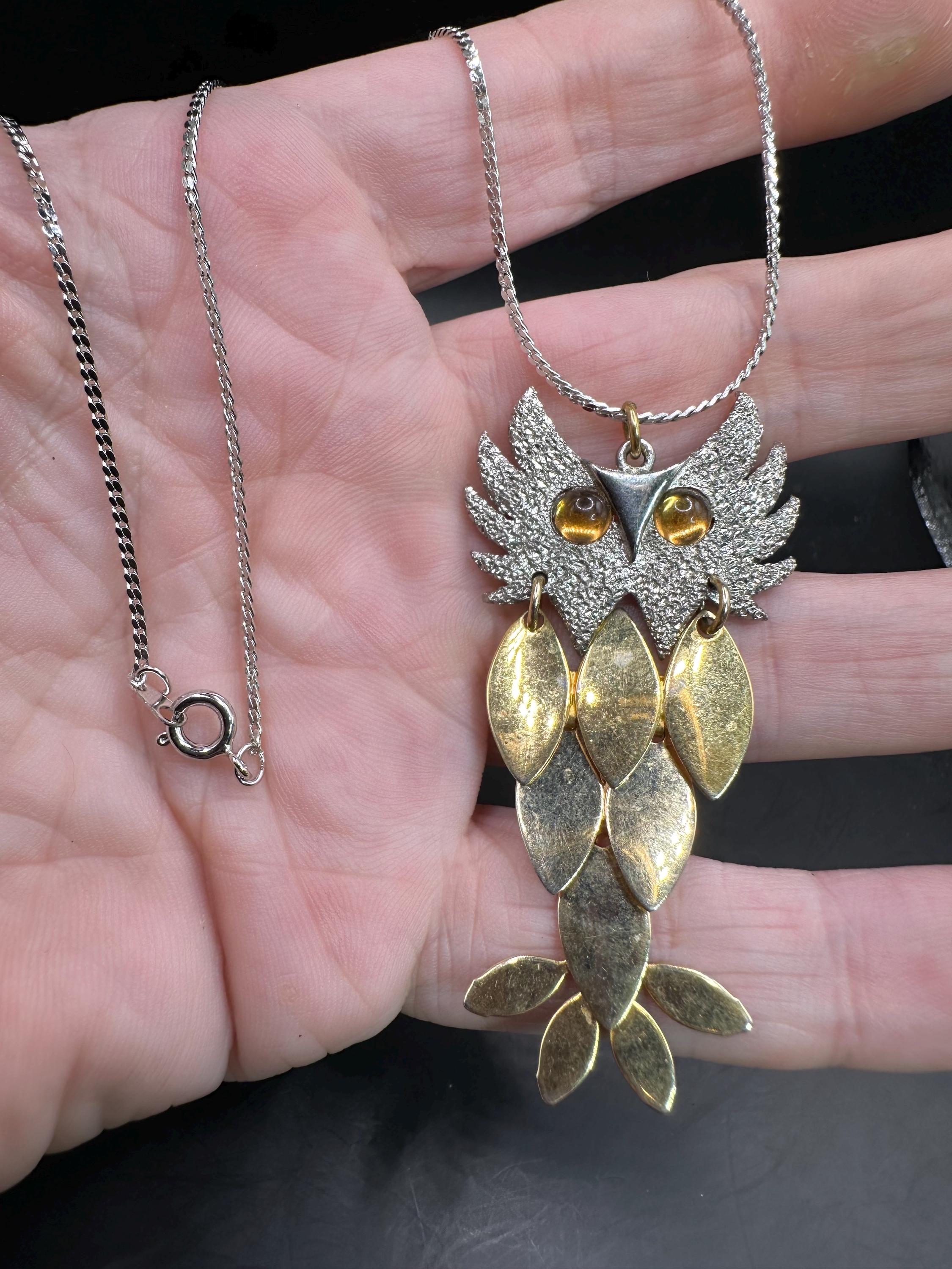 Vintage Mixed Metal Dangle Owl with Jelly Belly Style Eyes Pendant Necklace