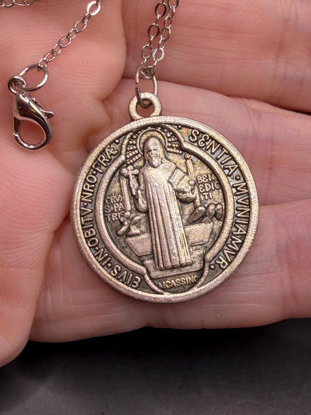 Vintage Silver Tone Saint Benedict of Nursia Evil Protection Medal ...