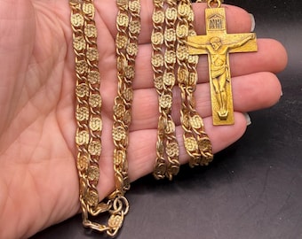 Vintage Gold Tone Rosary Cross Crucifix Extra Long Necklace Shrine of the Little Flower Michigan