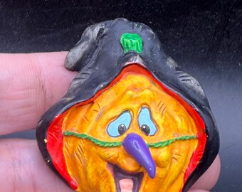Vintage Halloween Pumpkin Scarecrow Witch Plastic Brooch