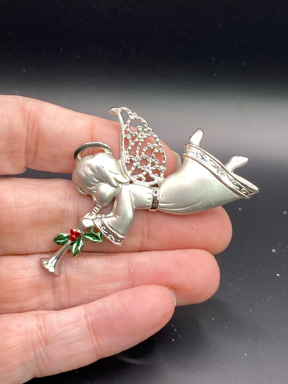 Vintage Christmas Angel Holly pin by JJ - image 1