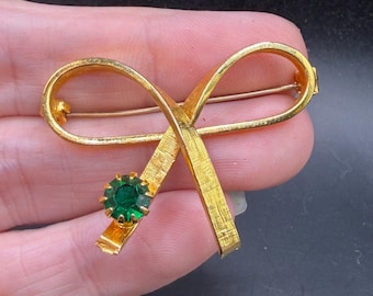 Vintage Gold Tone Green Rhinestone Bow Pin