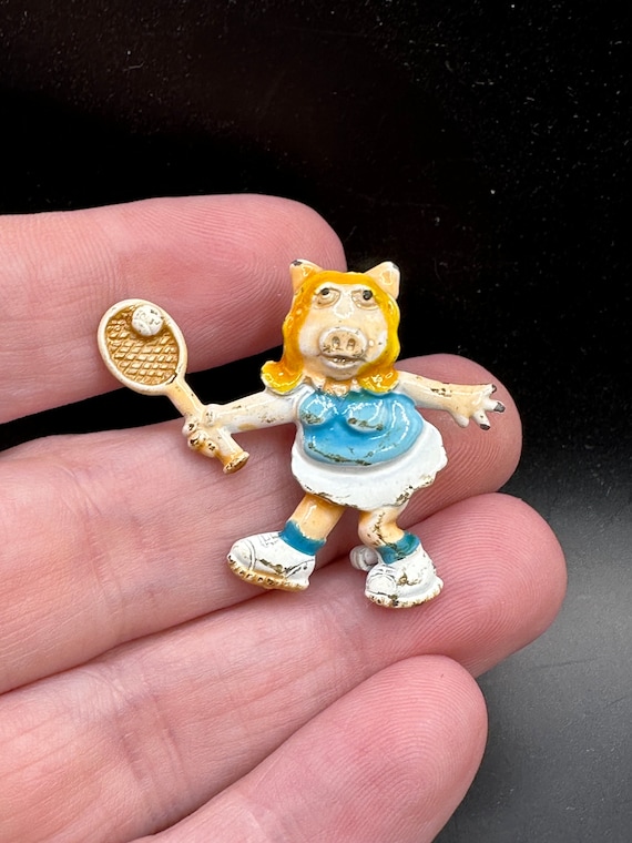 Vintage Enamel Miss Piggy Playing Tennis Muppet Pi