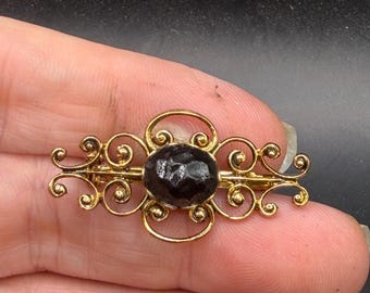 Vintage Gold Tone Victorian style Scrollwork Pin Gold Tone Open Work Pin With Faux Onyx