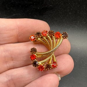 Vintage Gold Tone Orange Brown Fall Rhinestone Brooch Pin