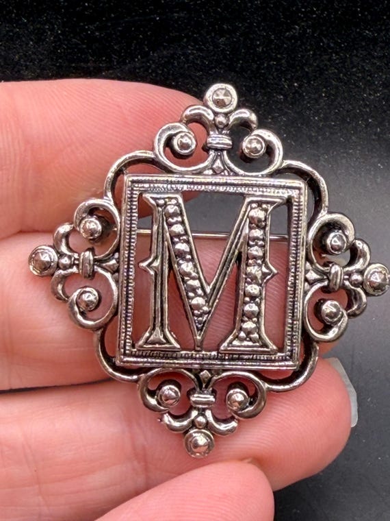 Vintage Silver Tone Scrollwork Monogram Initial M… - image 1