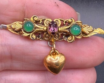 Vintage Gold Tone Victorian style Scrollwork Pin Green Cabochons Purple Amethyst Victorian Revival Bar Brooch Pin with Heart Charm