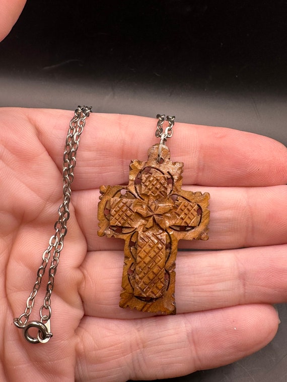 Vintage Carved Wood Cross Necklace