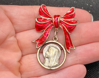 Vintage Bow Pin with Virgin Mary Religious Medal from Italy