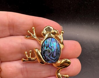 Vintage 22KT GOLD PLATED Vintage Ariki Paua Shell Frog Brooch New