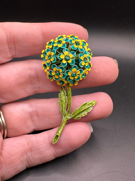 Vintage Enamel Rhinestone Flower Pin - image 1