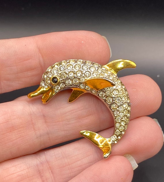 Vintage Dolphin Rhinestone Pin Large Statement Pie