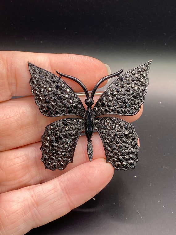 Vintage Weiss Black Butterfly Pin with Rhinestones
