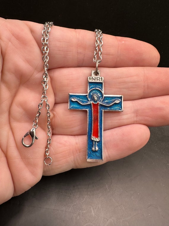 Vintage Cross Crucifix Pendant Painted Necklace - image 1