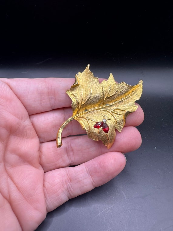 Vintage Rhinestone Ladybug Leaf Pin by Mamselle