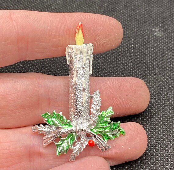 Vintage Enamel Christmas Candle Pin - image 1