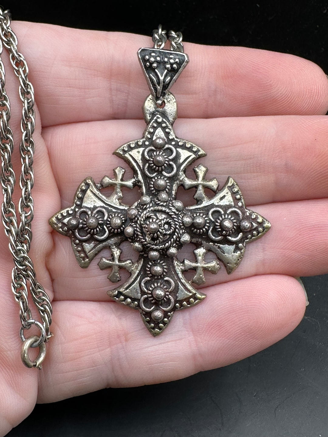 Vintage 900 Silver Jerusalem Cross Necklace Etsy