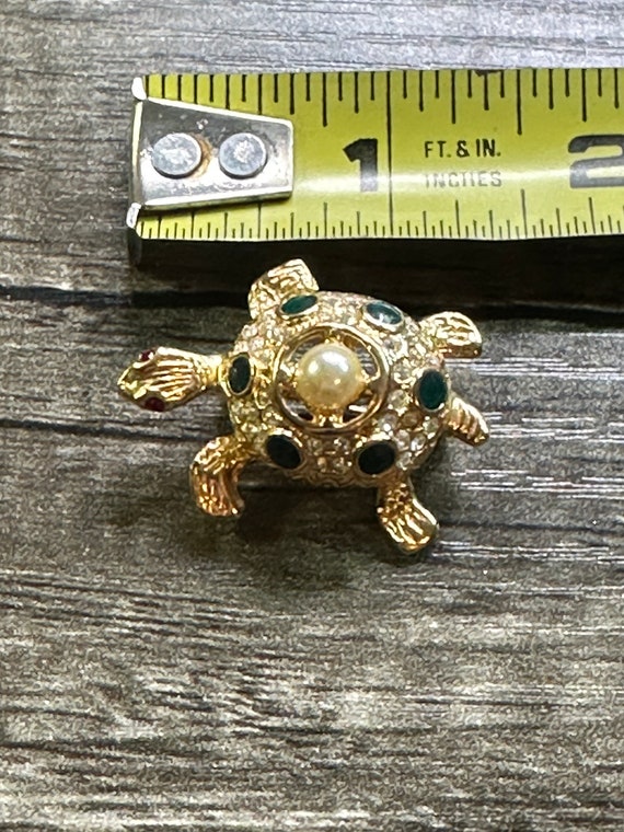 Vintage Rhinestone Faux Pearl Turtle Pin - image 6