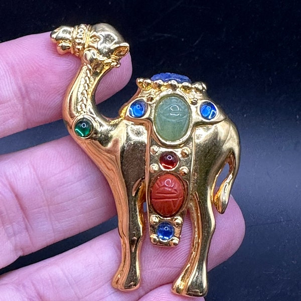 Vintage Egyptian Rhinestone Camel Carved Stone Pin