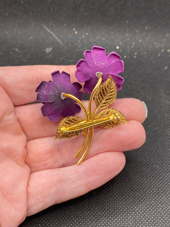 Vintage Resin and Enamel Purple Rose Flower Pin - image 3