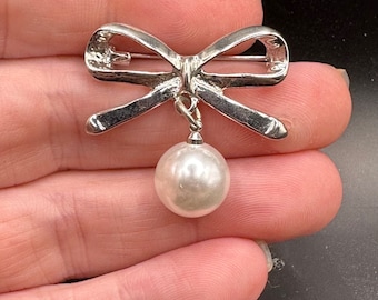 Vintage Bow Pin with Faux Pearl Drop