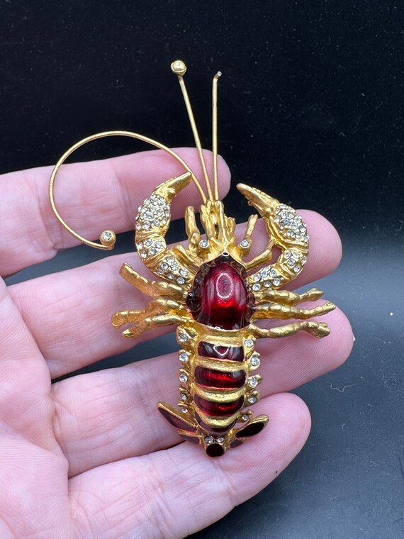 Vintage Enamel Rhinestone Lobster Pin Gem