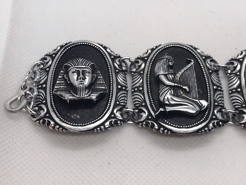 Egyptian Revival Metal Carved Made in West Germany Bracelet King Tut Pyramids Cleopatra