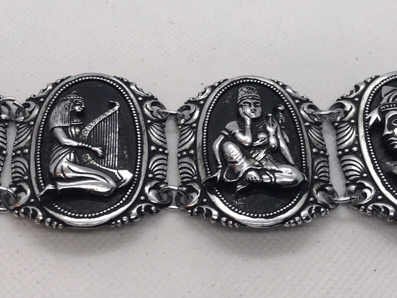 Egyptian Revival Metal Carved Made in West Germany Bracelet King Tut Pyramids Cleopatra