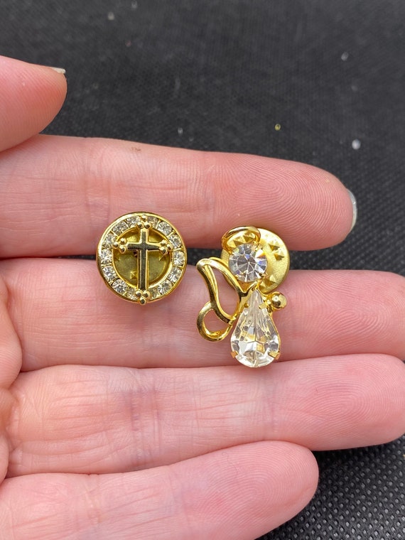 Vintage Tiny Rhinestone Angel and cross pins - image 1