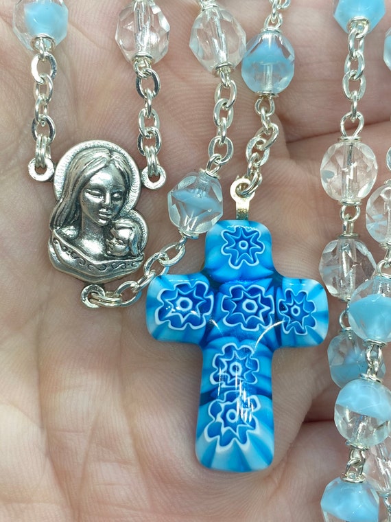 Vintage Rosary with Blue Glass Cross and Beads