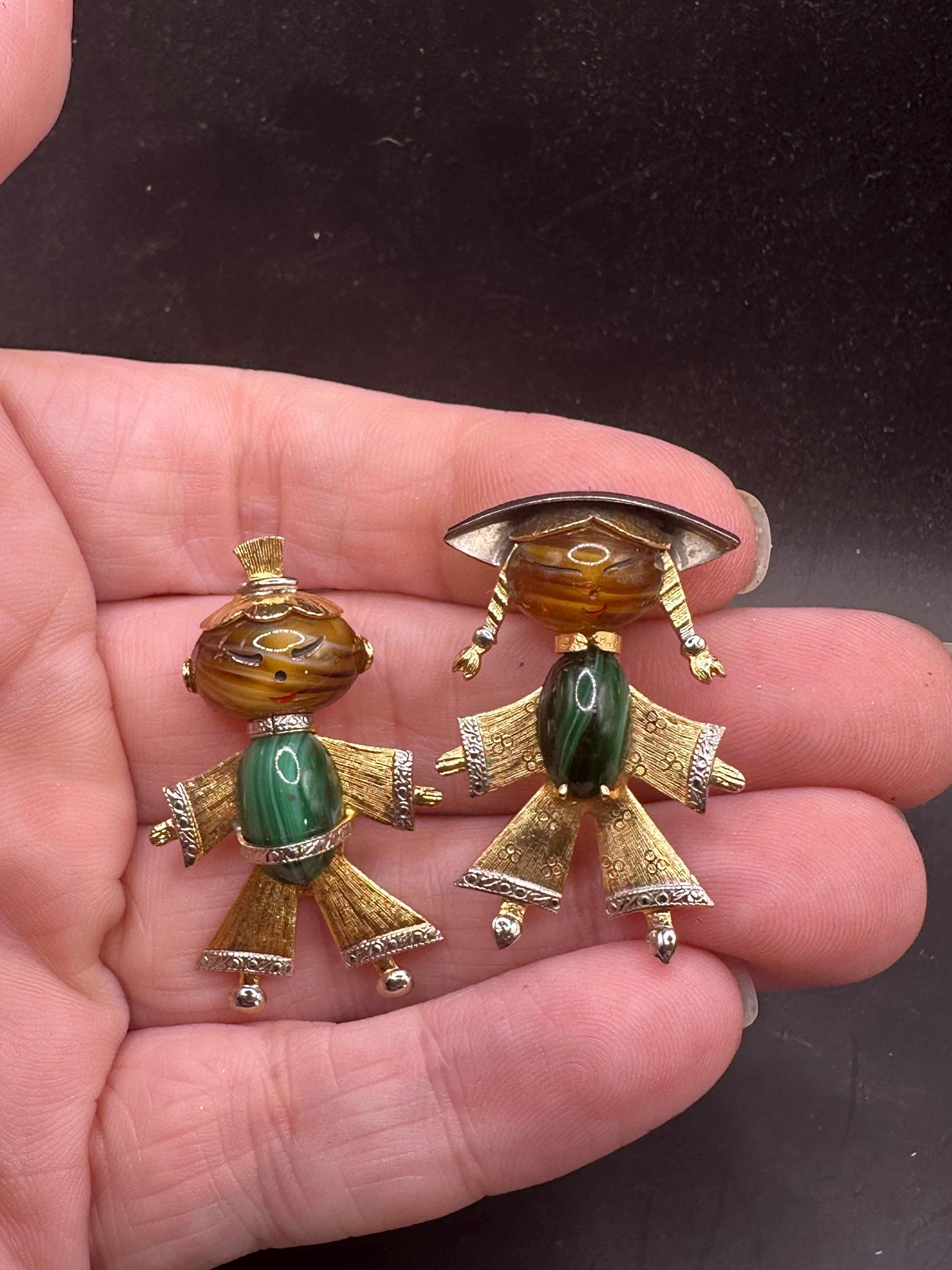 ポメころび様　グリーンバンデッドオニキス　チャーム　14kgf　他2点 Vintage Asian Boy and Girl Pins Brooches - Malachite and Tigers