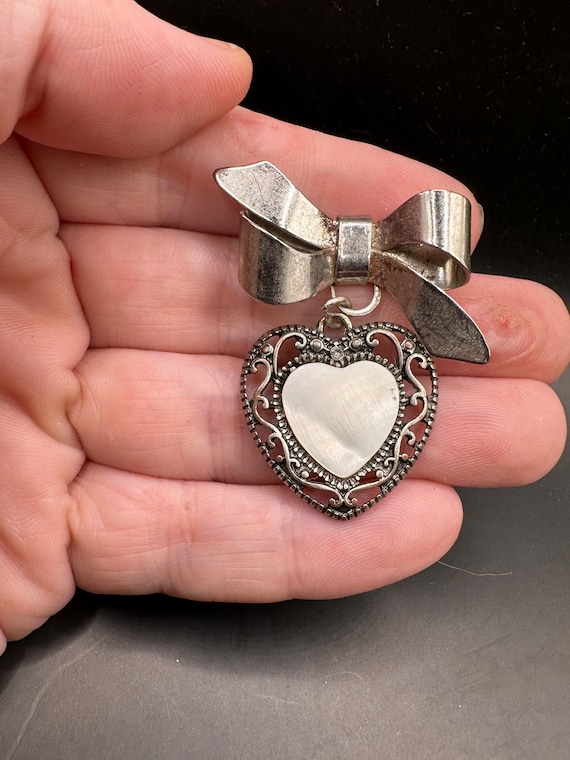 Vintage Bow Pin with Mother of Pearl Heart Charm
