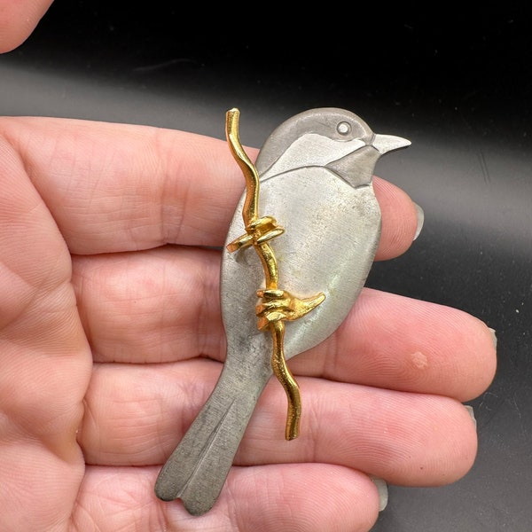 Vintage Pewter Chickadee Bird Pin by Shields Pewter