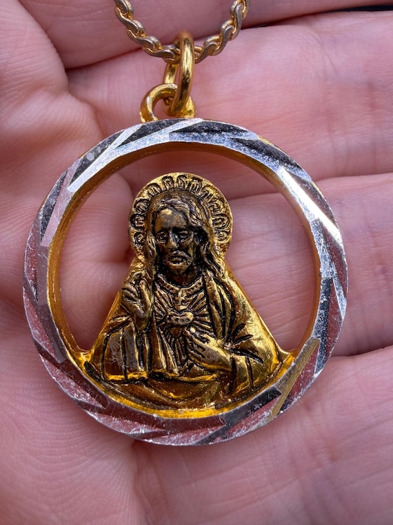 Vintage Sacred Heart of Jesus Mixed Metal Pendant Necklace from Hong Kong