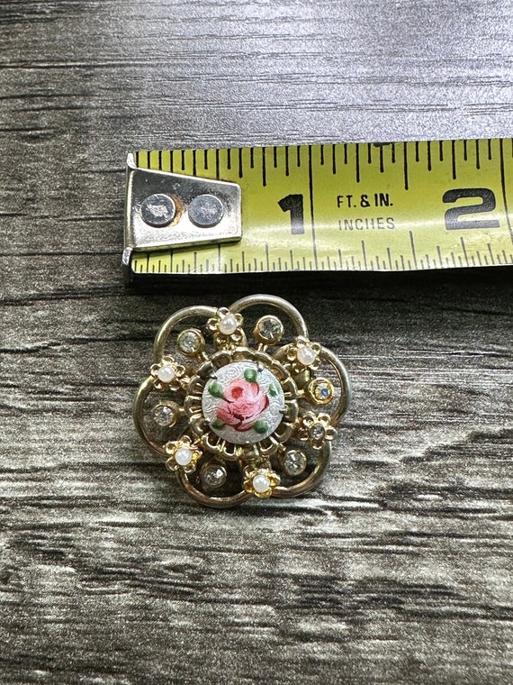 Vintage Enamel Rhinestone Faux Pearl Flower Pin - image 4