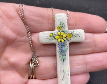 Vintage Floral Ceramic Cross Necklace