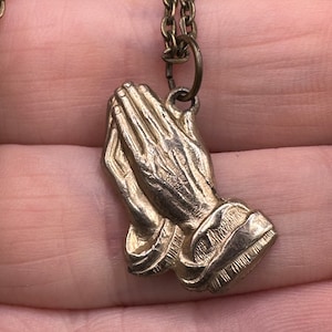 Vintage Religious Necklace with Medal Praying Hands Pray for us
