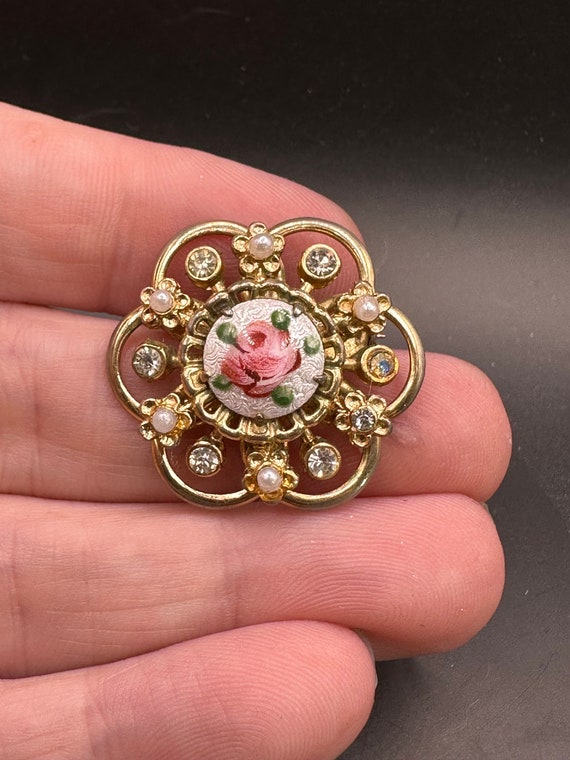 Vintage Enamel Rhinestone Faux Pearl Flower Pin - image 2