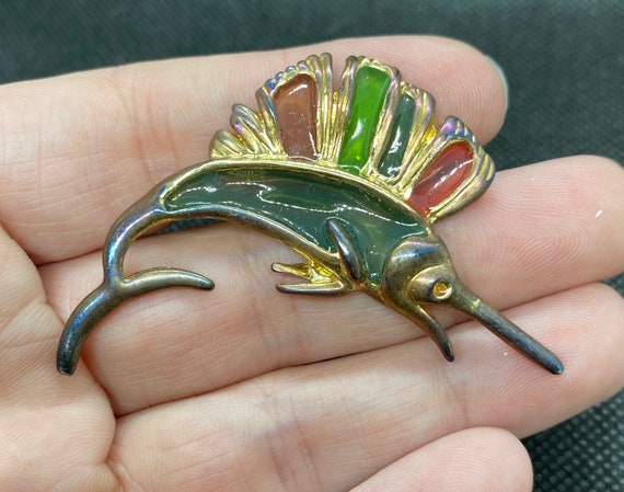 Vintage Stained glass Swordfish Sailfish Pin - image 1