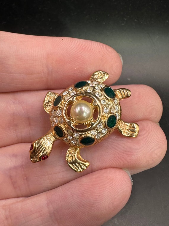 Vintage Rhinestone Faux Pearl Turtle Pin - image 3