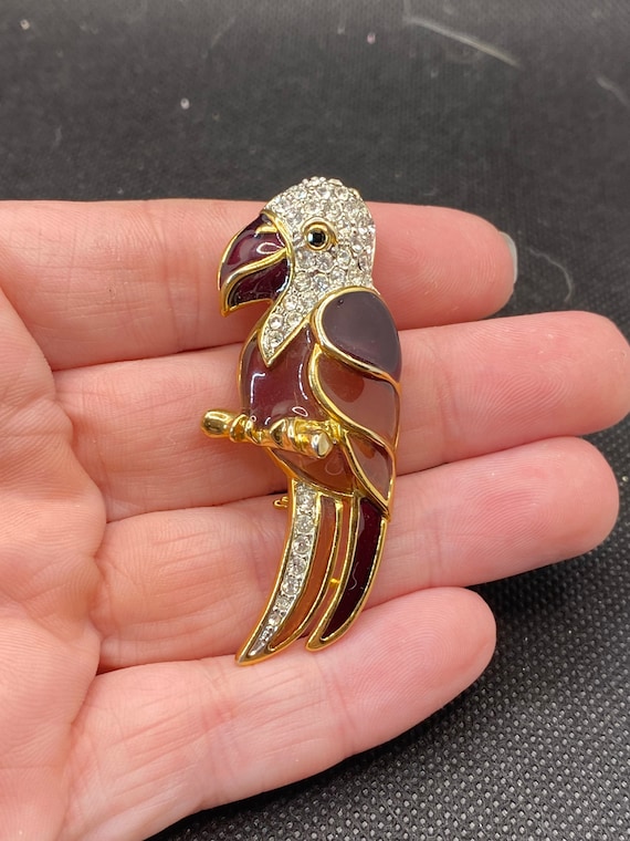 Enamel Parrot Bird Pin with Rhinestone Accents - image 1