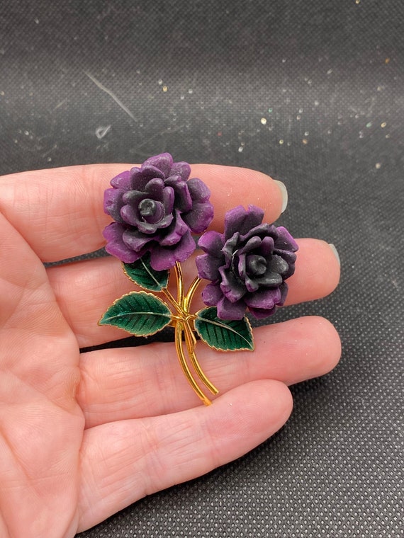 Vintage Resin and Enamel Purple Rose Flower Pin - image 1