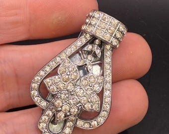 Vintage Czechoslovakia Rhinestone Dress Clip Art Deco Czech Floral Dress Clip Silver Tone Estate Jewelry 1930s